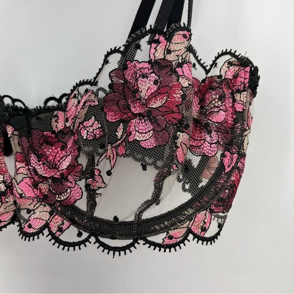 For Love And Lemons S Juliet Black Pink Floral Lace Bra small unlined
